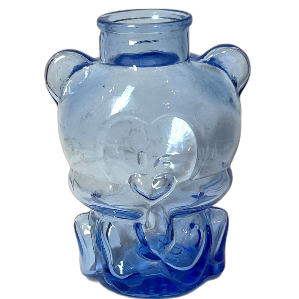 Vintage Morning Glory Blue Glass Bear Jar Vase Art Glass Bottle 76019 No Stopper